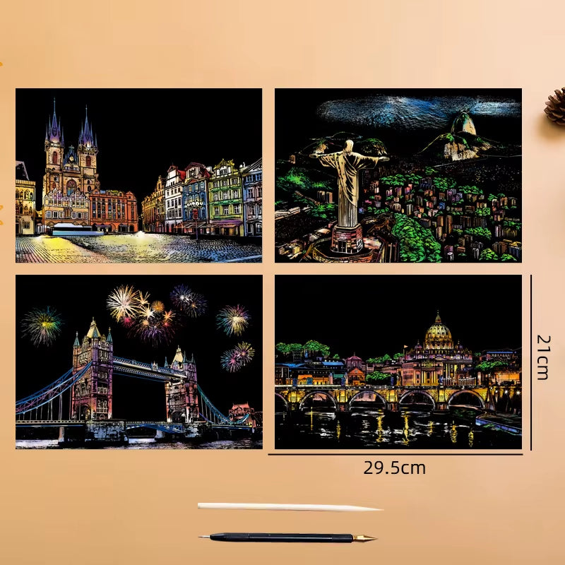 4PCS Scratch Art Paper World Landmarks Animals Painting Toy with Stylus Stress Relief Drawing Kids Adult Gift Glow in Dark Craft