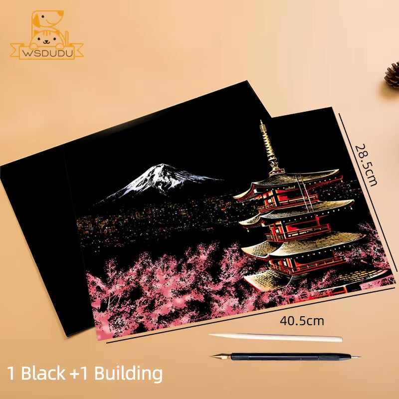 2 Sheets Scratch Paper Art Kit DIY Craft World Landmarks Animals City Scene Stylus Drawing Toy Adult Stress Relief Creative Gift
