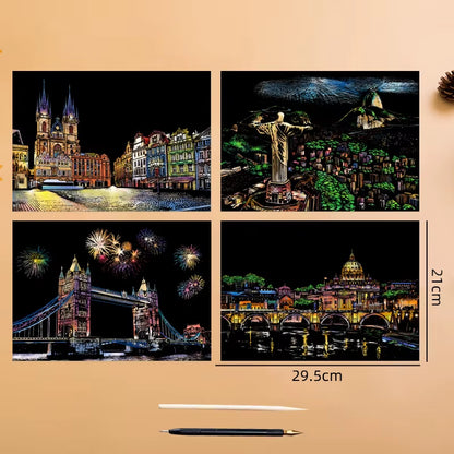 4PCS Scratch Art Paper World Landmarks Animals Painting Toy with Stylus Stress Relief Drawing Kids Adult Gift Glow in Dark Craft